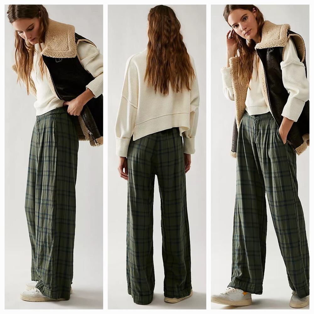 New Free People x CP Shades Plaid Trousers $220  MEDIUM Green PLAID Relaxed